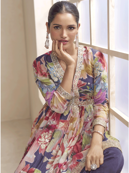 Purple Floral Printed & Embroidered Festive Palazzo Dress