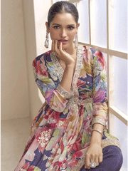 Purple Floral Printed & Embroidered Festive Palazzo Dress