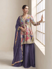 Purple Floral Printed & Embroidered Festive Palazzo Dress