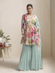 Blue Floral Printed & Embroidered Festive Palazzo Dress