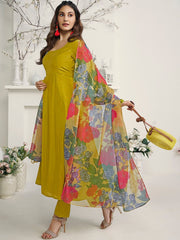 Amyra Dastur Mustard Yellow Square Neck Empire Pure Silk Anarkali Kurta with Trousers & Dupatta