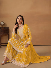 Yellow Embroidered Georgette Gharara Suit