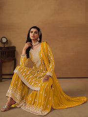 Yellow Embroidered Georgette Gharara Suit