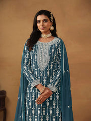 Teal Blue Embroidered Georgette Gharara Suit