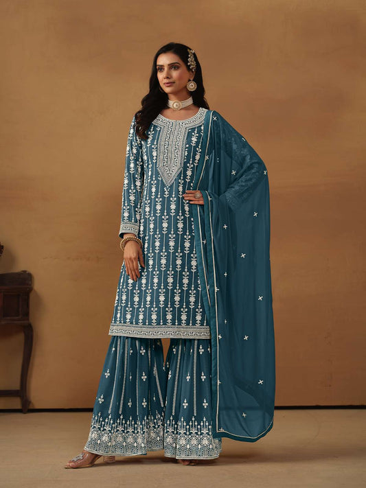 Teal Blue Embroidered Georgette Gharara Suit