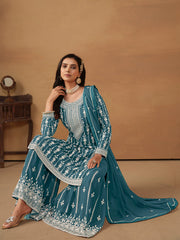 Teal Blue Embroidered Georgette Gharara Suit