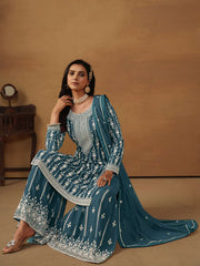 Teal Blue Embroidered Georgette Gharara Suit