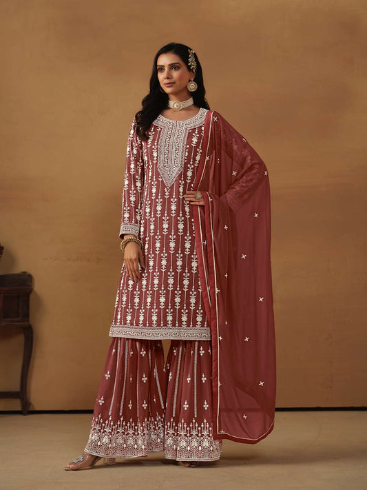 Rust Embroidered Georgette Gharara Suit