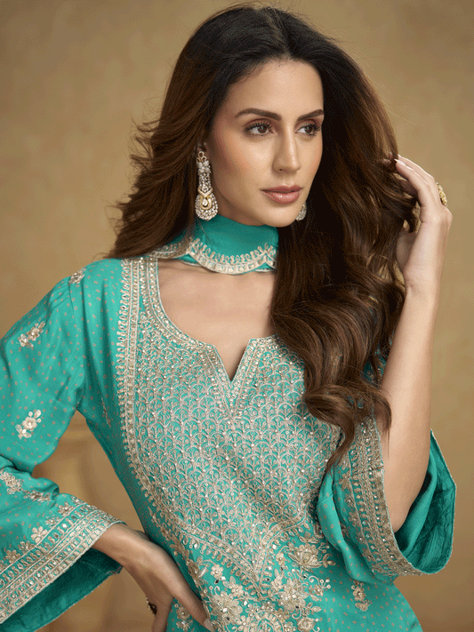 Rani Pink Chinon Printed Embroidered Sequins Palazzo Suit Festive Wear