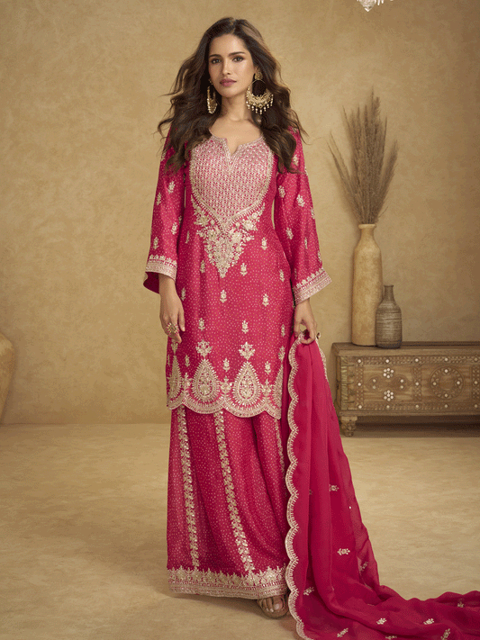 Blue Chinon Printed Embroidered Sequins Palazzo Suit Festive Wear