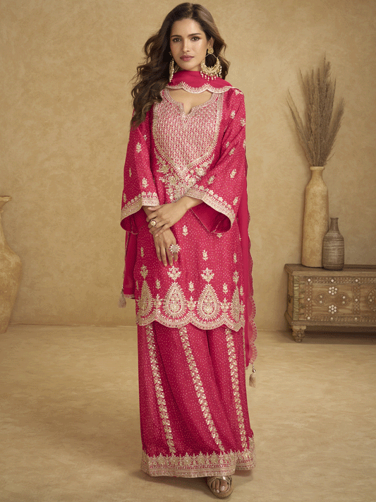 Blue Chinon Printed Embroidered Sequins Palazzo Suit Festive Wear
