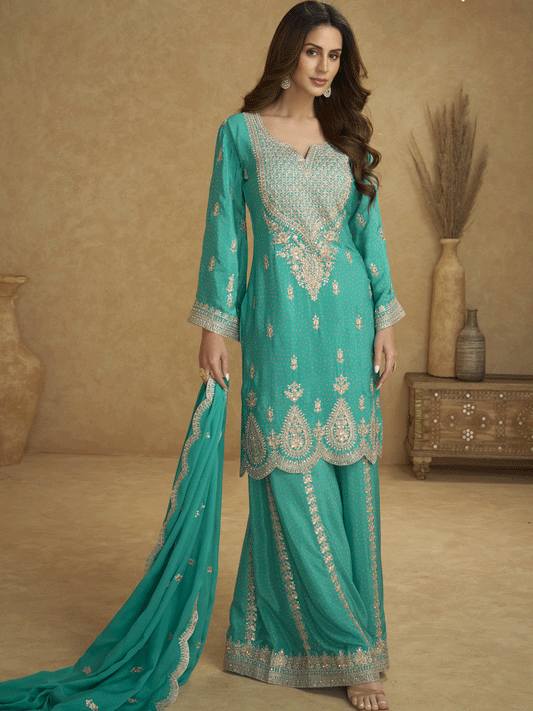 Rani Pink Chinon Printed Embroidered Sequins Palazzo Suit Festive Wear