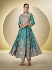 Turquoise Pant Style Festive Style Anarkali Suit