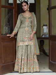 Green Real Shimmer Silk Festive Skirt Style Suit