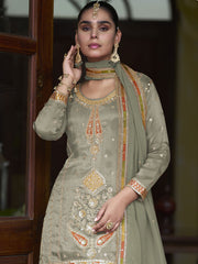 Green Real Shimmer Silk Festive Skirt Style Suit