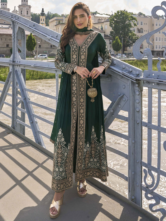 Green Embroidered Slit Pant Style Dress