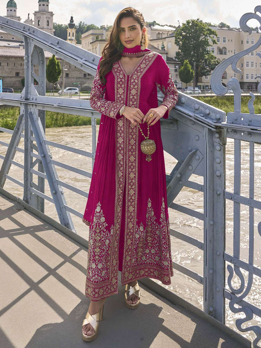Pink Embroidered Slit Pant Style Dress
