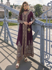 Purple Embroidered Slit Pant Style Dress