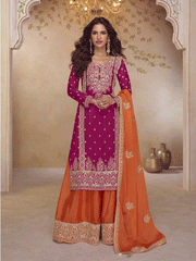 Pink & Orange Real Chinnon Embroidered Palazzo Suit