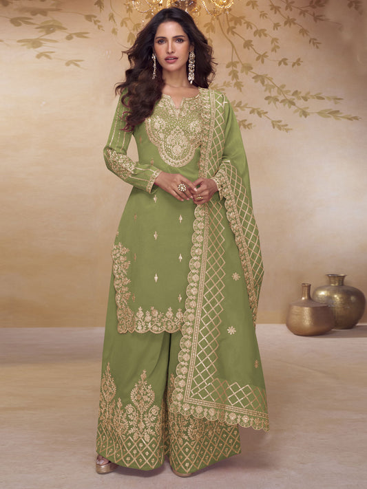 Green Silk Salwar Suit with Embroidered Work for Engagement