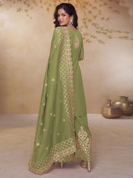 Green Silk Salwar Suit with Embroidered Work for Engagement