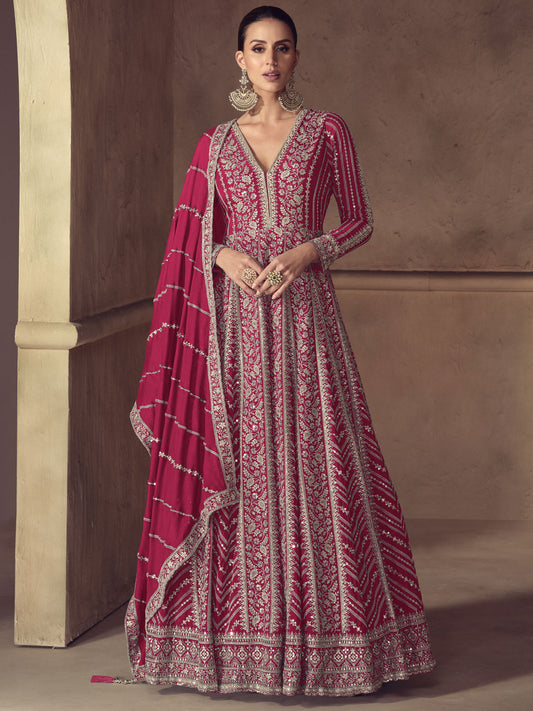 Magenta Reshamkari Embroidery Wedding Anarkali Gown