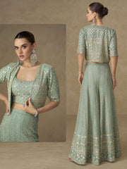 Sea Blue Crop Top Style Indo Western Palazzo Suit