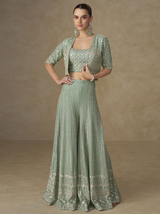 Sea Blue Crop Top Style Indo Western Palazzo Suit