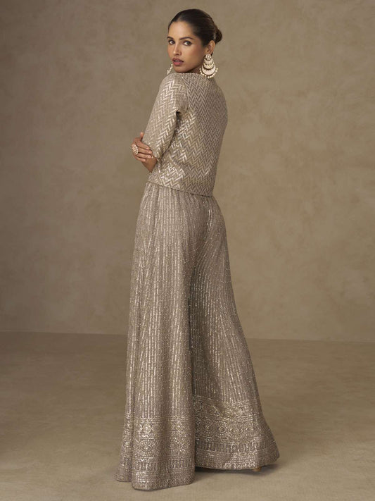 Beige Crop Top Style Indo Western Palazzo Suit