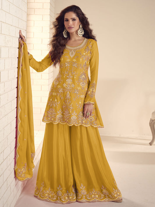 Yellow Handwork Embroidery Kurti And Sharara Suit