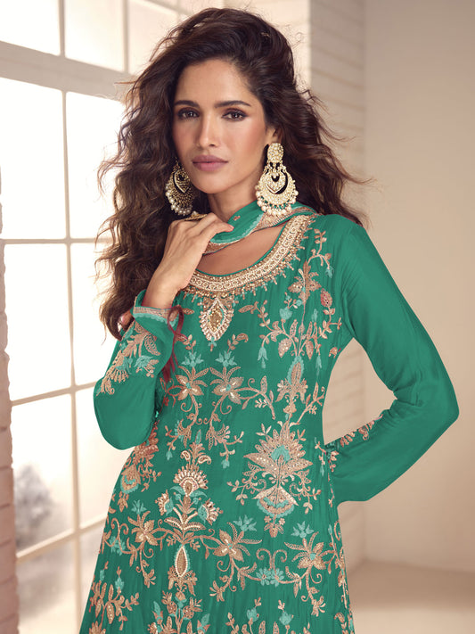 Green Handwork Embroidery Kurti And Sharara Suit