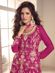Rani Pink Handwork Embroidery Kurti And Sharara Suit