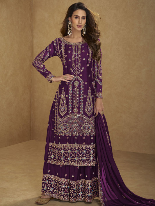 Deep Purple Multi Embroidered Palazzo Suit