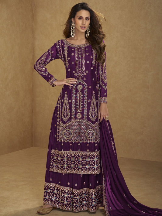 Deep Purple Multi Embroidered Palazzo Suit