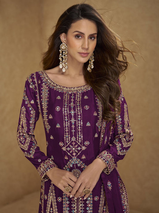 Deep Purple Multi Embroidered Palazzo Suit