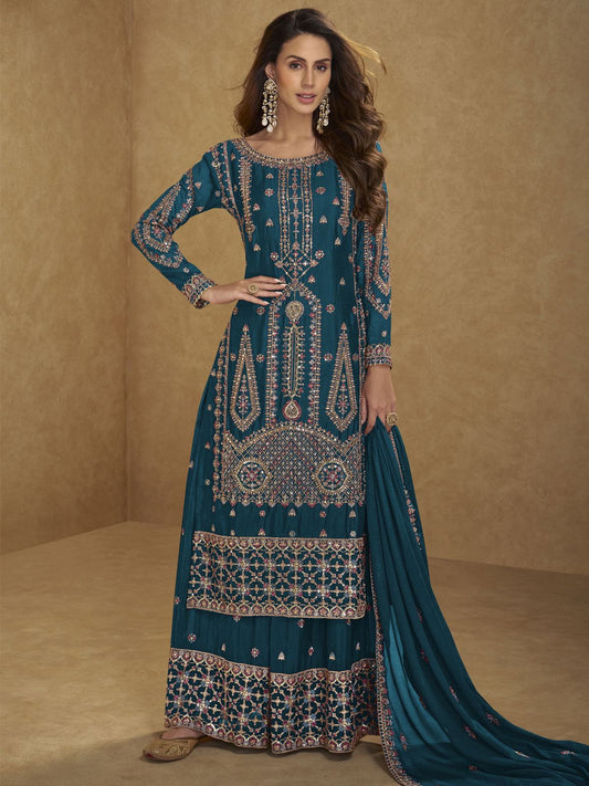Turquoise Multi Embroidered Palazzo Suit