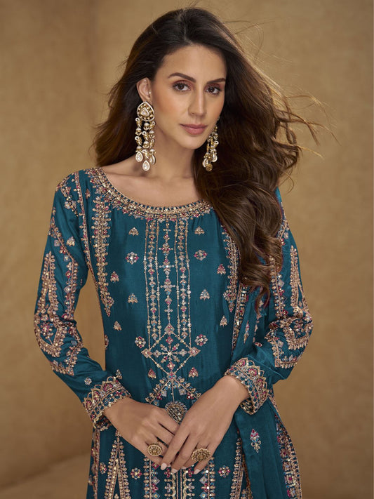 Turquoise Multi Embroidered Palazzo Suit