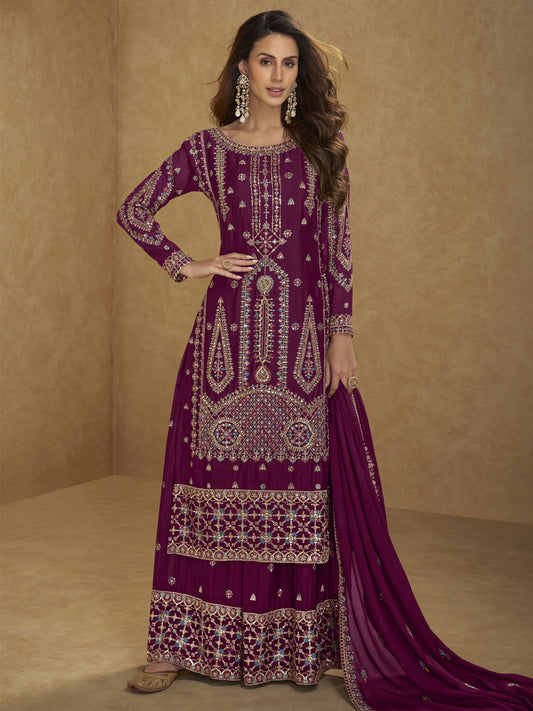 Deep Magenta Multi Embroidered Palazzo Suit