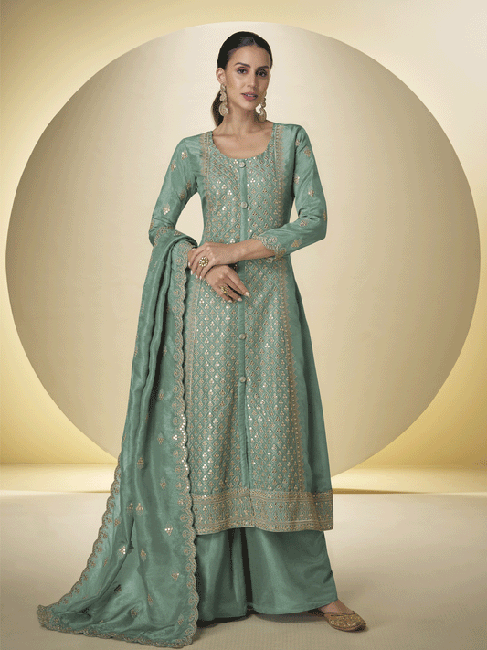 Green Front and Back Embroidered Shimmer Silk Palazzo Suit