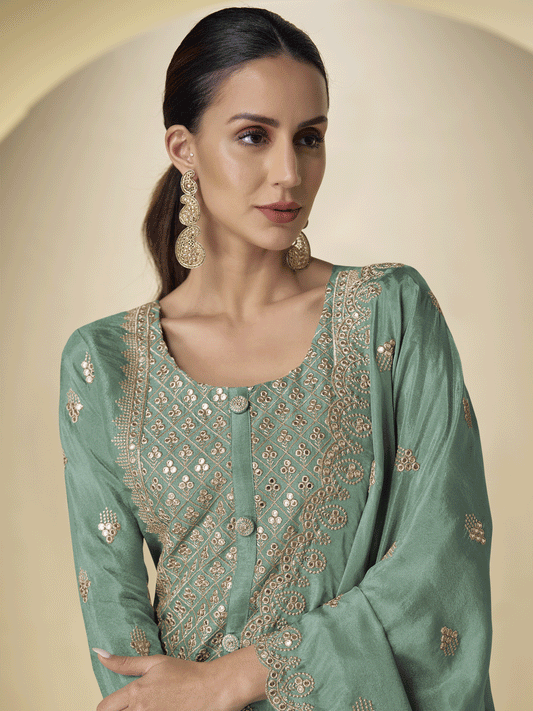 Green Front and Back Embroidered Shimmer Silk Palazzo Suit