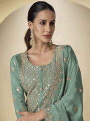 Green Front and Back Embroidered Shimmer Silk Palazzo Suit