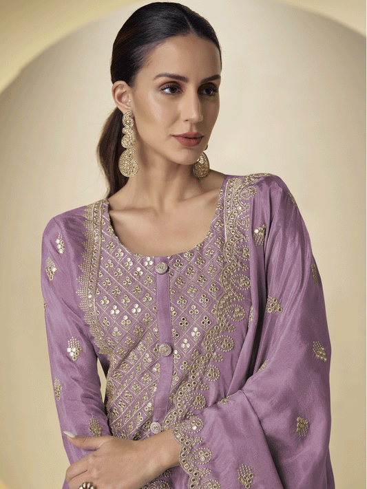 Lilac Front and Back Embroidered Shimmer Silk Palazzo Suit