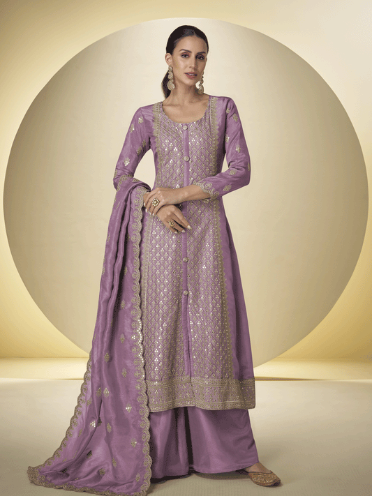 Lilac Front and Back Embroidered Shimmer Silk Palazzo Suit