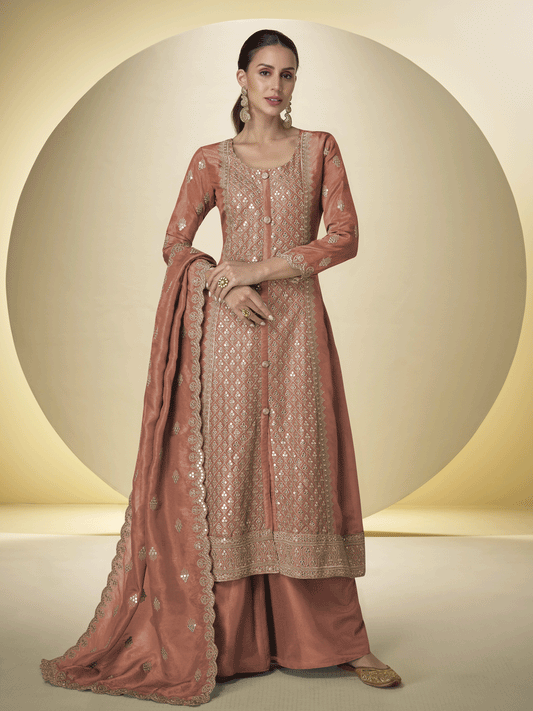 Peach Front and Back Embroidered Shimmer Silk Palazzo Suit