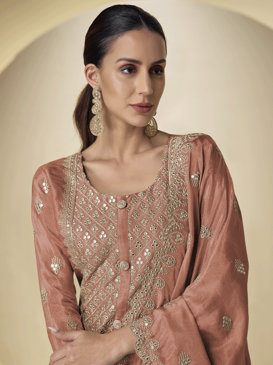 Peach Front and Back Embroidered Shimmer Silk Palazzo Suit