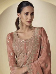 Peach Front and Back Embroidered Shimmer Silk Palazzo Suit