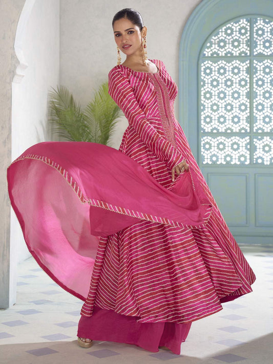 Fuchsia Pink Embroidery Slit Style Anarkali Palazzo Suit