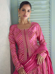 Fuchsia Pink Embroidery Slit Style Anarkali Palazzo Suit