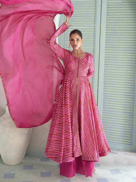 Fuchsia Pink Embroidery Slit Style Anarkali Palazzo Suit