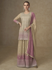 Beige & Pink Mirror Handwork Georgette Palazzo Suit